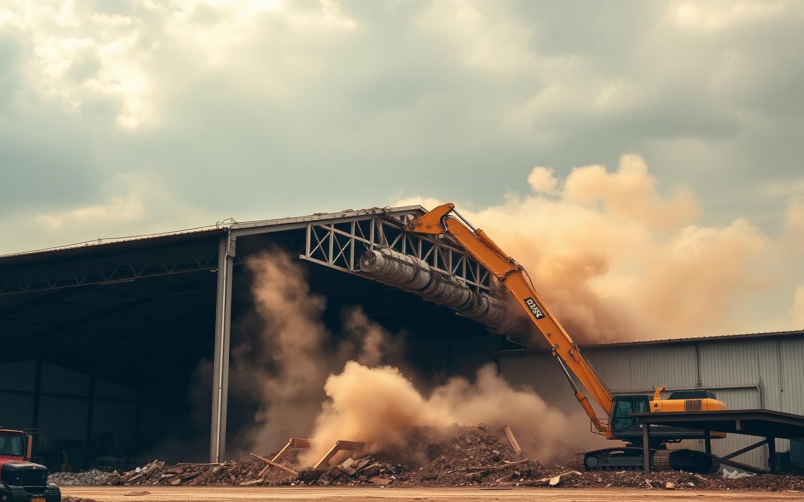 Demolição mecanizada de galpão industrial